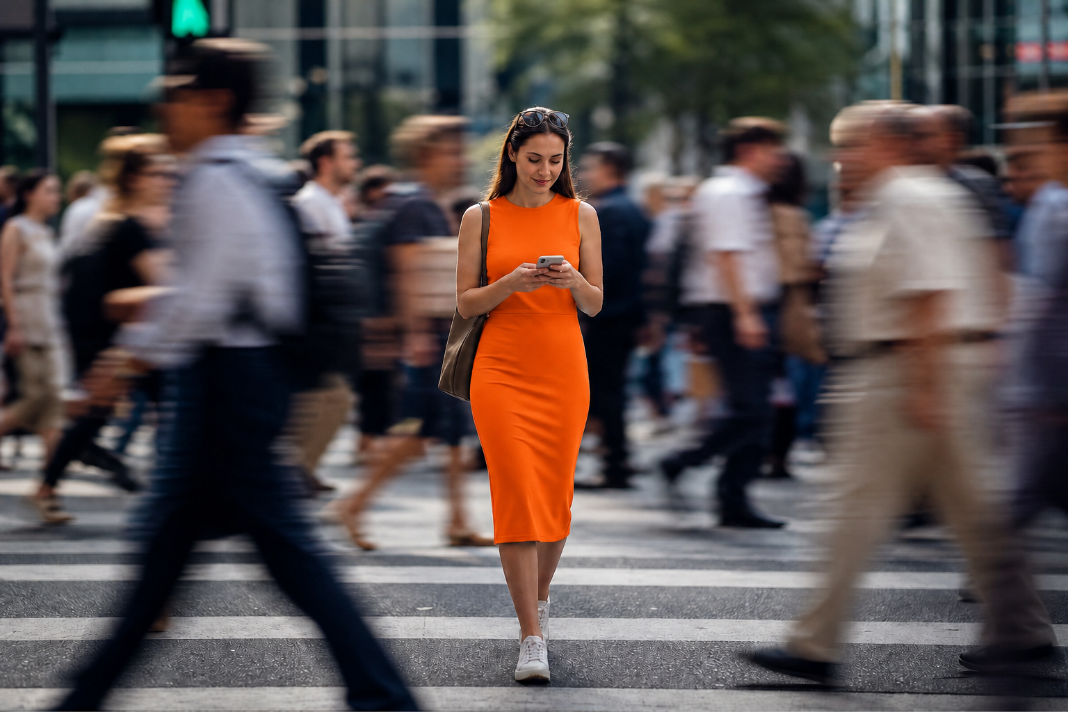 Woman In Orange Dress Standing Out Amidst Blurry Crowd