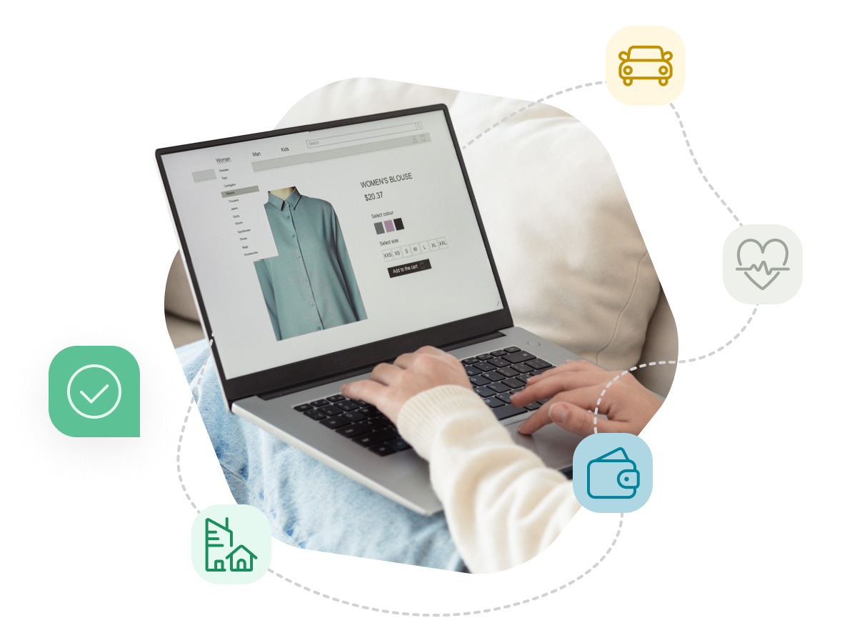 A laptop open and sitting on a person's lap. Someone is doing online shopping.